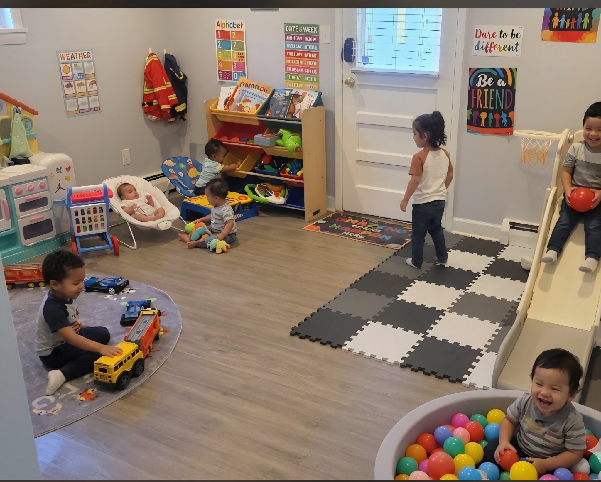 Diverse children playing with toys, baby in bouncer, and kids on slide and ball pit at Taylor's Bright Beginners